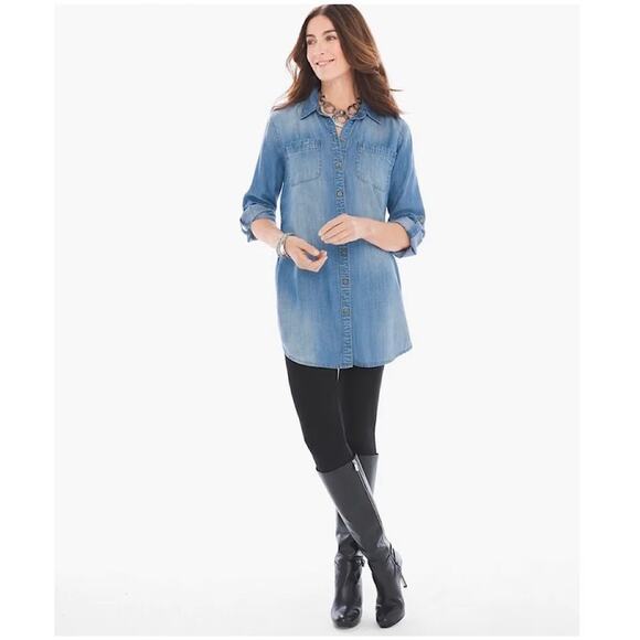 Chico’s Long Denim Button Front Light Wash Shirt Mini Dress Size 8 - Picture 3 of 12